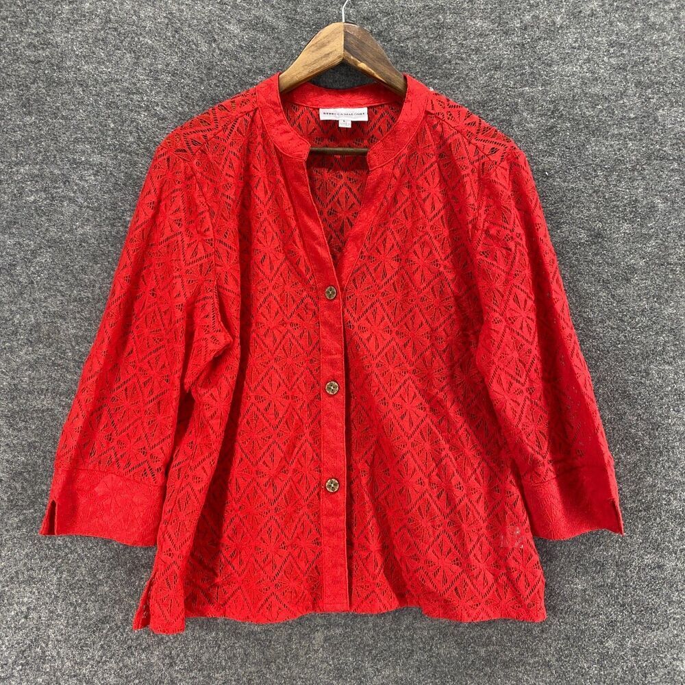 Rebecca Malone Shirt Women L Large Red Geometric Button Up Crochet V-Neck Cotton